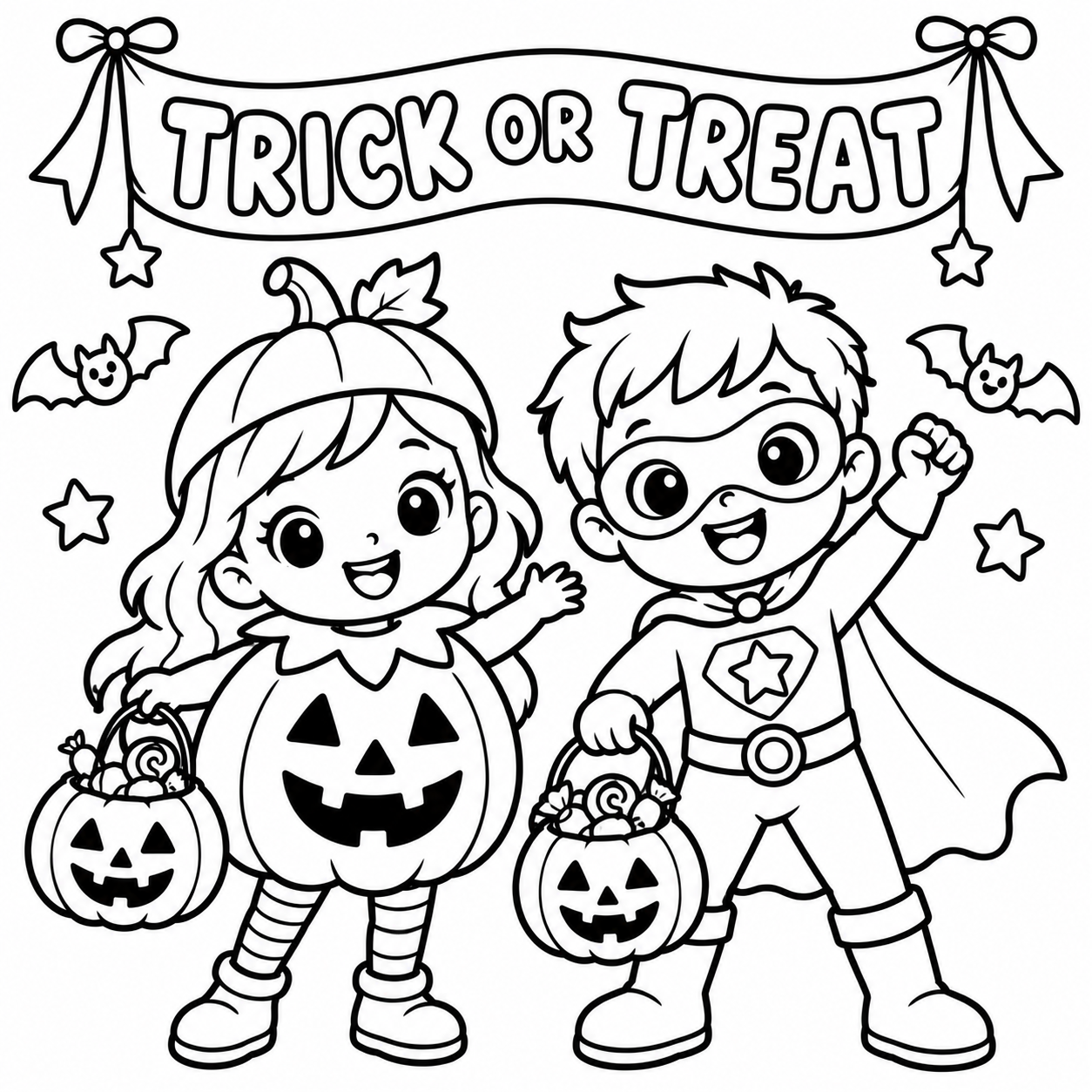 Trick-or-Treat Kids in Costumes Halloween coloring page